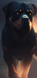 Majestic Rottweiler stands in a dark night scene, glowing eyes illuminating the darkness.