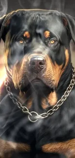 Rottweiler with chain against a backdrop on phone wallpaper.