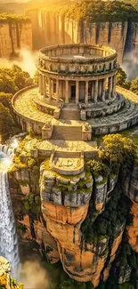 Ancient ruins overlooking a scenic waterfall view.
