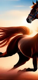 Majestic horse running at sunset in artistic wallpaper.