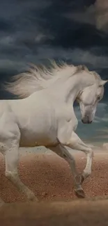 Majestic white horse running under a dramatic sky.