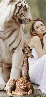 Wallpaper with white tiger, giraffe, and serene figure in nature.