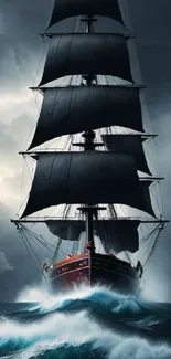 Sailboat navigating a stormy sea with dramatic dark clouds.