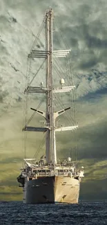 A majestic sailboat on the ocean with dramatic skies.