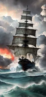 Majestic sailboat navigating a stormy ocean with dramatic skies.