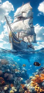 Sailboat on ocean with vibrant coral and fish below.