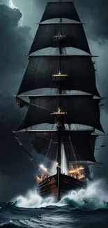 Majestic sailboat braving a stormy ocean with dramatic dark clouds above.