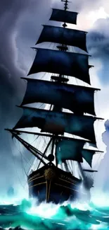 Majestic sailboat in stormy seas with dark clouds overhead.