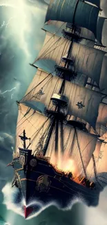 Majestic ship sailing through stormy seas under dramatic skies.