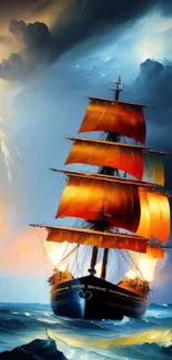 Majestic sailing ship navigating the stormy sea with vibrant colors.