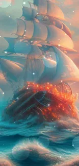 Fantasy ship on ocean with fiery waves and vibrant colors.