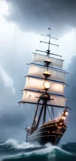 Majestic sailing ship on stormy seas with dramatic clouds.