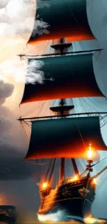 Majestic sailing ship in vibrant sunset and ocean waves.