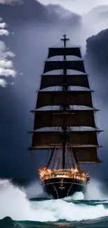 Majestic sailing ship navigating stormy seas, under dramatic clouds.