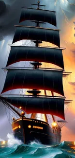 Majestic sailing ship amidst stormy skies and ocean waves at sunset.