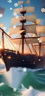 Majestic sailing ship with snowflakes in turquoise ocean waves.