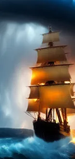 Majestic ship sailing through a stormy ocean with dramatic sky.