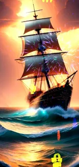 Majestic sailing ship navigating the ocean at sunset with vibrant colors.