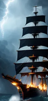 Majestic sailing ship in a stormy sea with lightning.