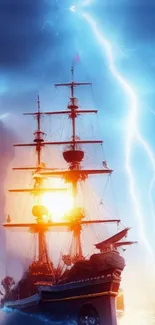 Majestic ship under a vibrant, stormy sky with dramatic lightning.