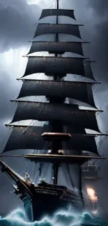 Majestic sailing ship navigating a stormy ocean under cloudy skies.