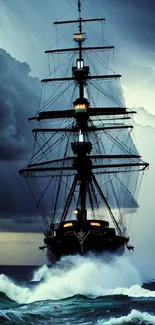 Majestic ship amidst stormy ocean and clouds wallpaper.