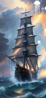 Sailing ship on stormy seas under dark clouds and lightning illuminated sky.