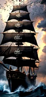 Majestic sailing ship on stormy ocean with seagulls and dramatic sky.