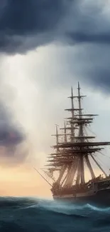 Majestic sailing ship on stormy ocean waves under dramatic sky.