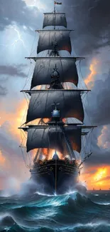 Majestic ship sailing through stormy seas under a dramatic sunset sky.