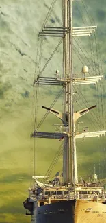 Tall sailing ship on an open sea with a dramatic sky.