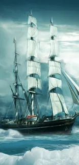 Majestic sailing ship in stormy seas mobile wallpaper.