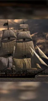 Majestic sailing ship with dramatic sky.