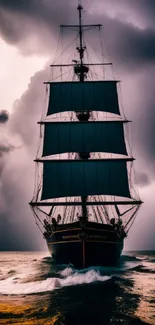 Majestic sailing ship on stormy ocean with dark blue skies.