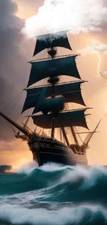 Majestic sailing ship in storm with lightning and waves.