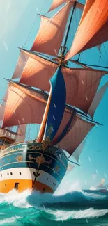 Majestic sailing ship in turquoise ocean with orange sails and blue sky.