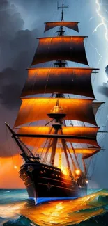 Majestic sailing ship amidst ocean storm with lightning and dramatic skies.