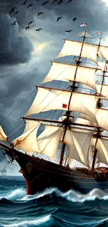 Majestic sailing ship braving stormy seas with dramatic skies overhead.