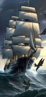 A majestic sailing ship navigating stormy waves with birds flying around at sunset.