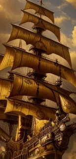 Majestic sailing ship with golden sails against a dramatic cloudy sky.