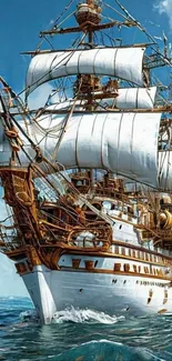 Majestic sailing ship on the ocean, under blue skies.