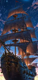 Anime sailing ship against a vibrant evening sky.