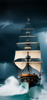 Sailing ship amidst a dramatic stormy sea with lightning in the background.