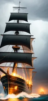 Majestic sailing ship against stormy seas and dark skies.