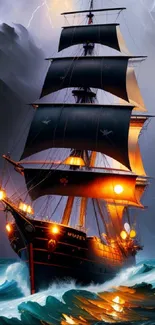 Majestic sailing ship in stormy sea with lightning and vibrant colors.