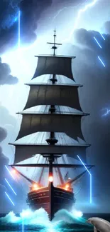 Majestic sailing ship in stormy seas with dark skies and lightning.