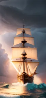 A majestic tall ship sails through dark stormy seas, creating a dramatic scene.