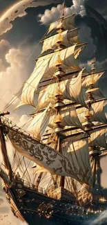 Majestic sailing ship with billowing sails under a celestial sky.