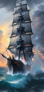 Majestic tall ship navigates through stormy seas under a vibrant sky.