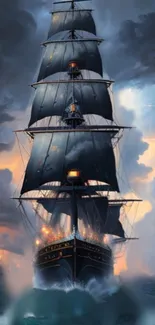 Majestic sailing ship amidst stormy seas and fiery skies in a dramatic scene.